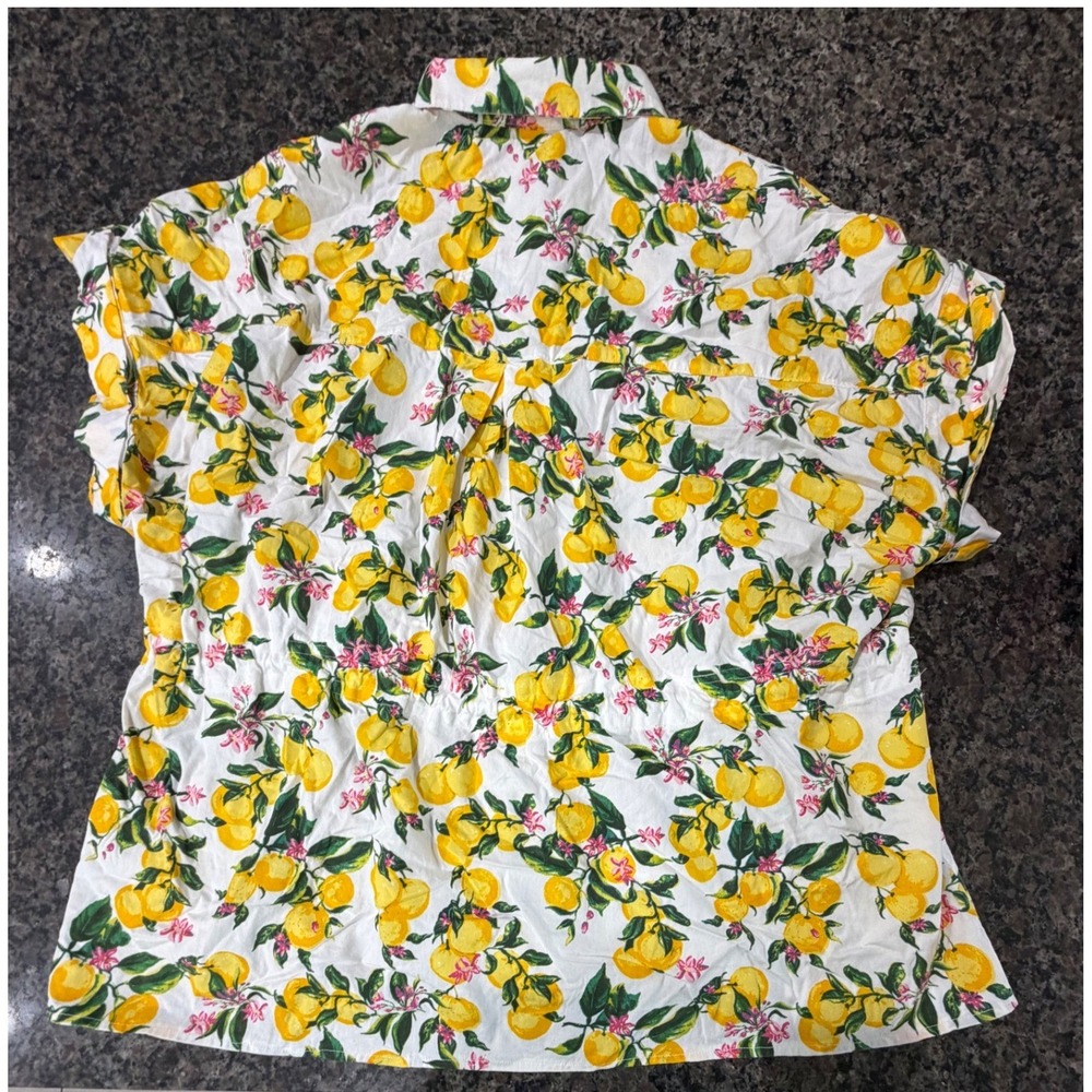 Monki Lemon Print Drawstring Waist Button Down Shirt Women Size M White Yellow